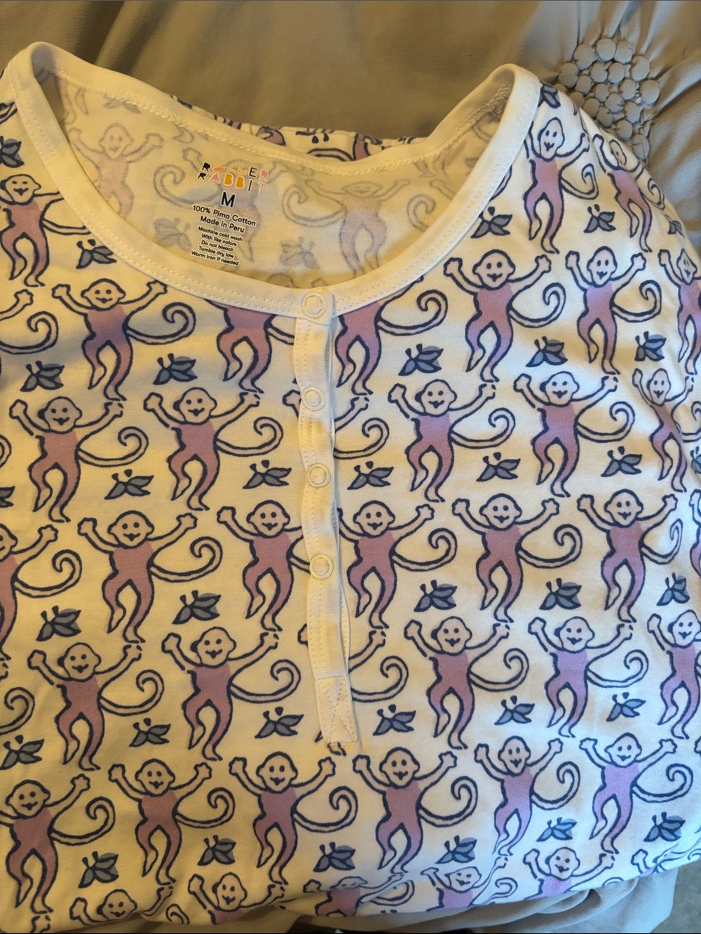 Roller Rabbit White Henley Pajama Top with Purple Monkey Print